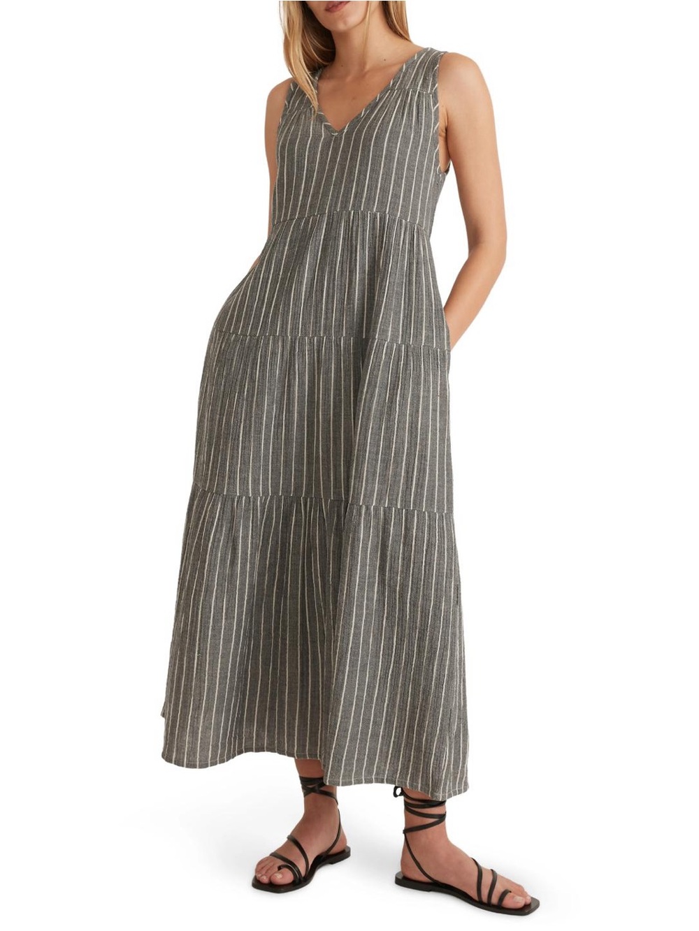 Marine Layer Corinne Tiered Cotton Gauze Striped Maxi Dress Size XS